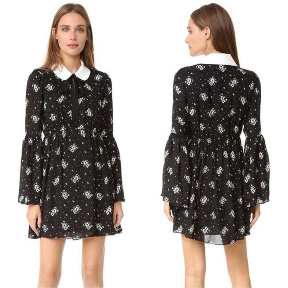 Cinq a Sept Lily Black Floral Bell Sleeve Mini Dress SZ 0 EUC